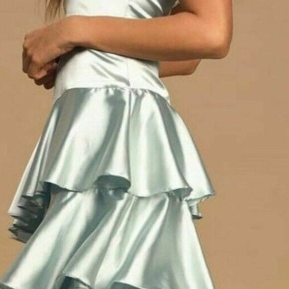 Lulus Mint Blue Satin Tiered Asymmetrical Midi Dress - Picture 4 of 14